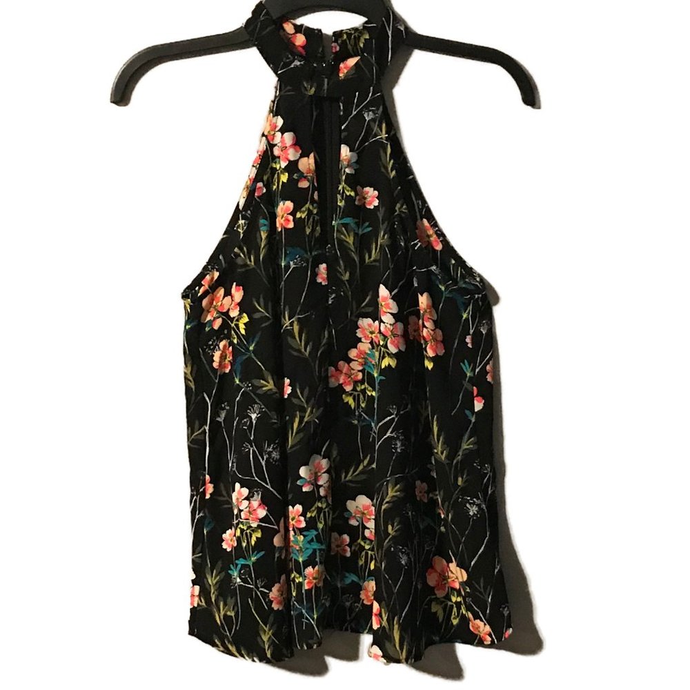 Express Floral Black and Pink Halter Top